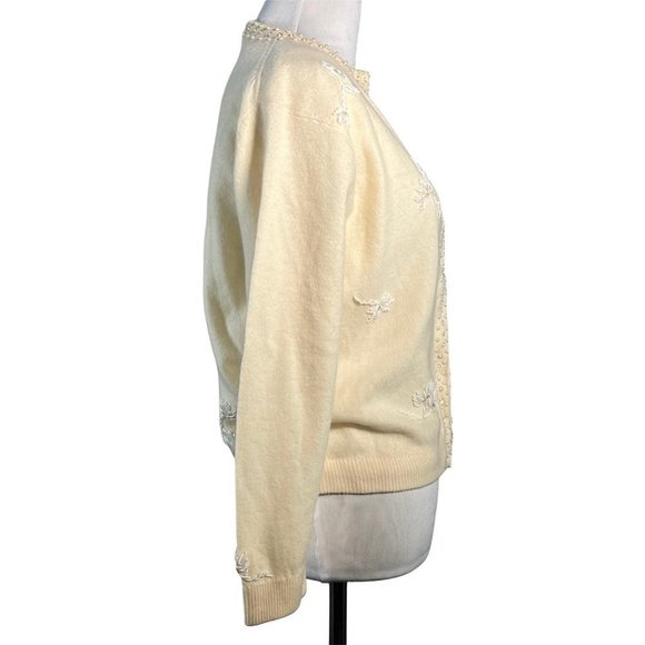 Vintage 50s Beaded Cardigan 40 / Medium Cream Lambswool Angora Pinup Rockabilly - Picture 8 of 12
